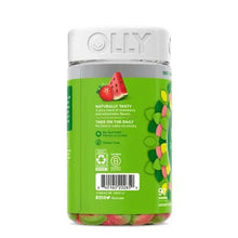 OLLY fiber gummy rings bottle side with strawberry illustration and product information icons.