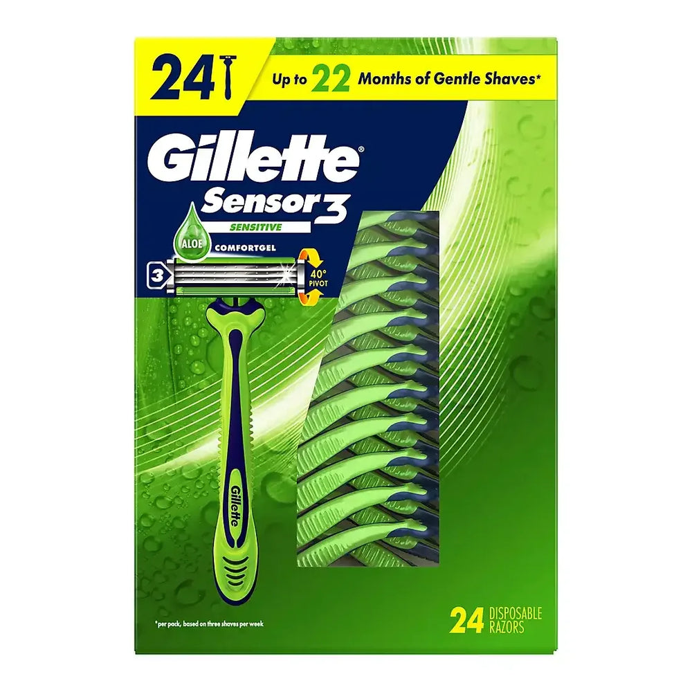 Gillette Sensor3 Sensitive Men's Disposable Razor, 3-Bladed Razor Blades, 24 ct. - USA MEGA SHOP