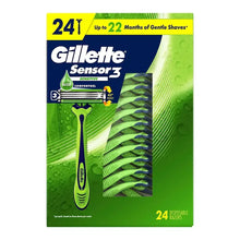 Gillette Sensor3 Sensitive disposable razor box with green gel cartridge and teal handle.