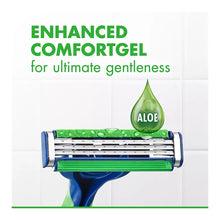 Disposable 3-blade razor with green gel strip and aloe-touch guard, blue handle.