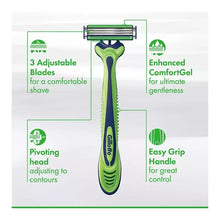 3-bladed pivoting razor with teal-and-green handle and adjustable head for contours.