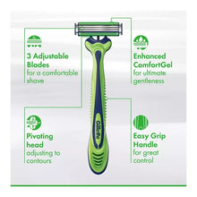 3-blade disposable razor with adjustable pivoting head and easy grip handle
