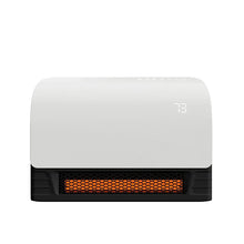 White infrared wall heater with glowing amber grille and front control badge