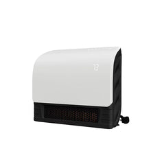 White infrared wall heater with glowing grille and visible side power knob