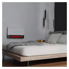Wall-mounted infrared heater with glowing amber grille on front