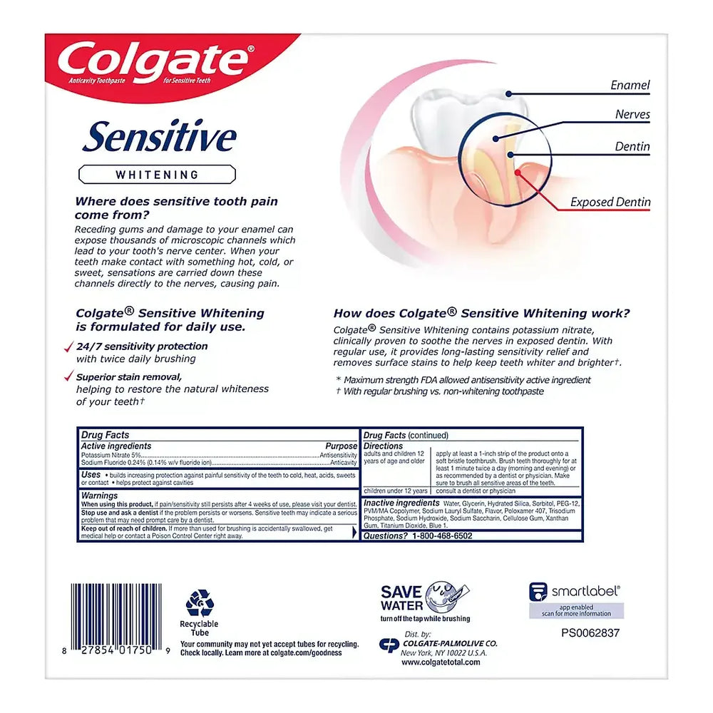 Colgate Sensitive Whitening Toothpaste, Cavity Protection Mint Toothpaste Gel, 4 pk./6 oz - USA MEGA SHOP