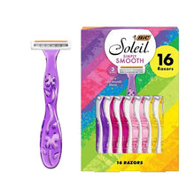 Disposable 3-blade women's razor with purple handle and white blade cartridge.