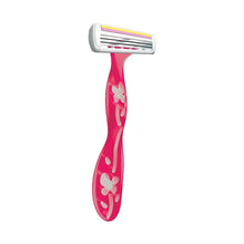 Pink disposable 3-blade women's razor with white blade cartridge.
