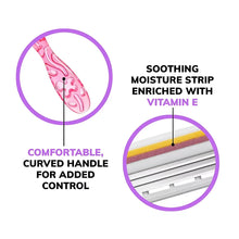 Infographic-style close-up of razor cartridge with comfort curve and moisture strip.