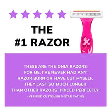 Promotional graphic of pink razor next to five star rating icons.