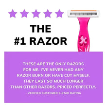 Pink disposable razor with white 3-blade cartridge for smooth shaving.