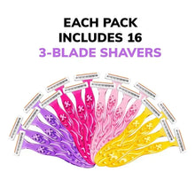 16-pack of disposable 3-blade razors with pink and purple handles.