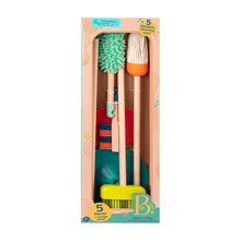 Wooden cleaning toy set in box with broom, mop, brushes, scrubber and dustpan