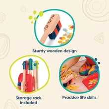 Infographic for wooden cleaning toy set showing storage rack and tools