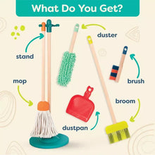 Infographic of wooden cleaning toy set accessories: stand, mop, broom, dustpan, brush