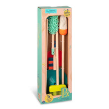 Wooden cleaning toy set box showing broom, mop, dustpan, and colorful brushes