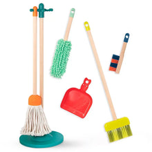 Wooden cleaning toy set with standing broom, mop, and hand brush tools
