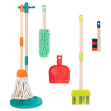 Wooden cleaning toy set of broom, mop, dustpan, scrub brush, and small hand brush
