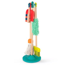 Wooden cleaning toy stand with attached broom and mop, plus dustpan and brushes