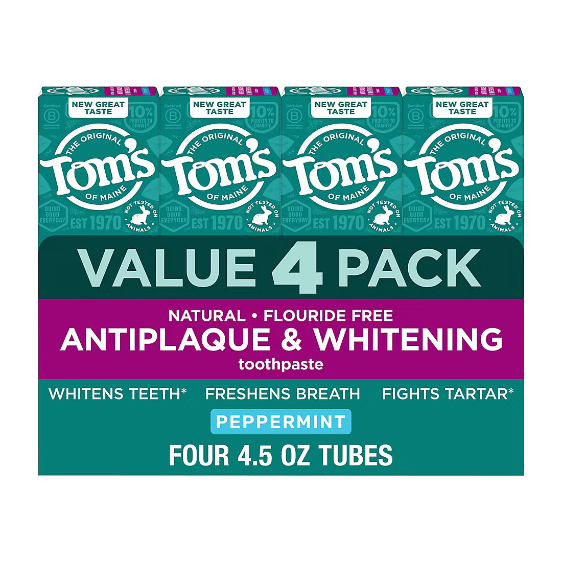 Tom's of Maine Antiplaque and Whitening Fluoride Free Mint Toothpaste, 4 pk./4.5 oz.