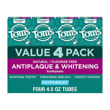 Mint toothpaste 4-pack boxes, fluoride-free antiplaque and whitening.
