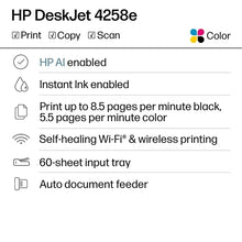 Printer feature list with print, copy, scan, Instant Ink, and Wi-Fi icons