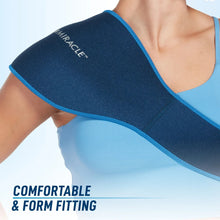 Blue gel compression wrap for shoulder and neck, padded contour with stitched border