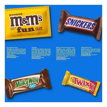 Chocolate candy assortment wrappers: M&M's fun size, Snickers, Milky Way, Twix minis.