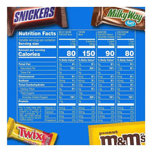 Chocolate candy variety pack nutrition facts panel with serving and calorie information.