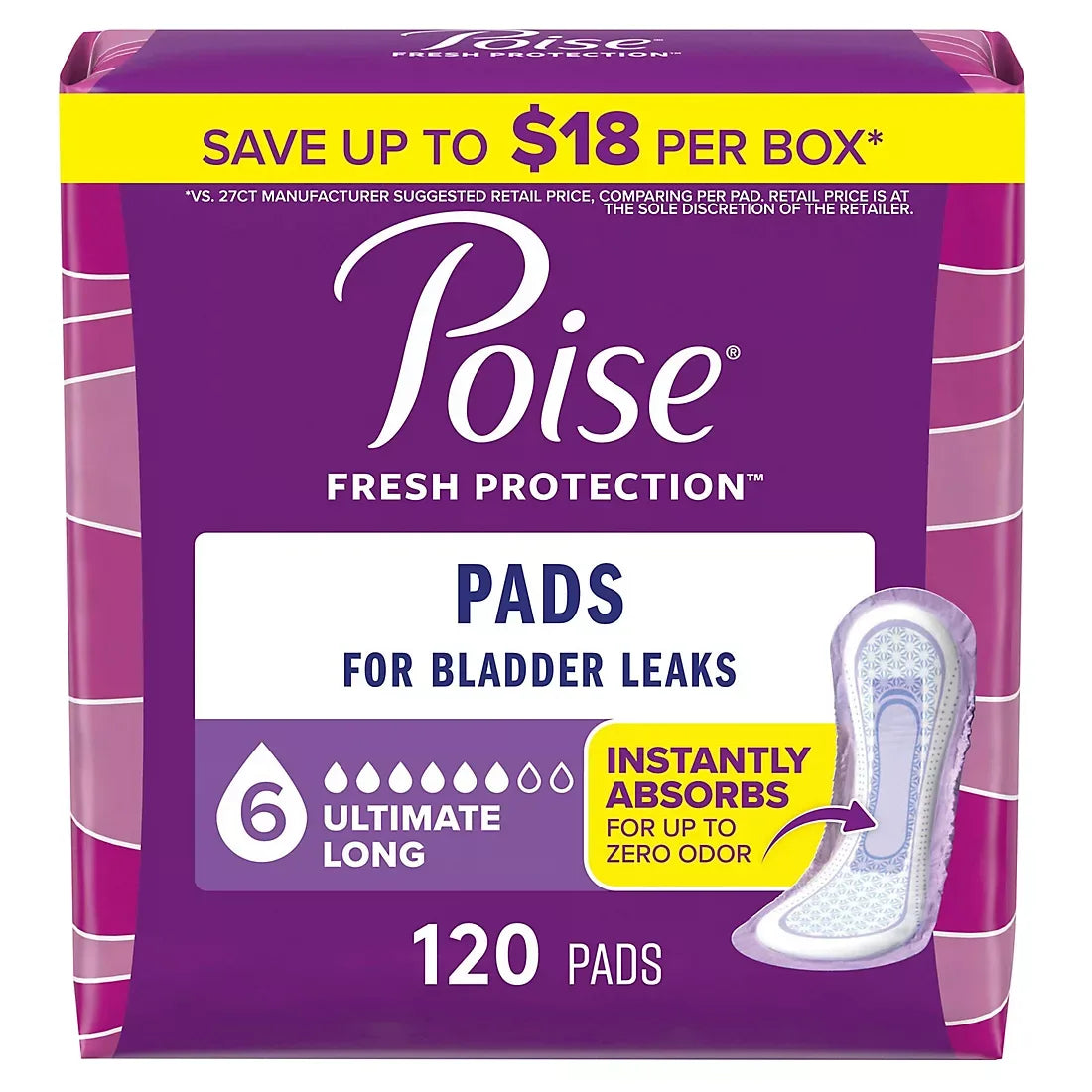 Poise Incontinence & Postpartum Pads for Bladder Leaks, 6 Drop Ultimate Absorbency, Long Length, 120 ct. - USA MEGA SHOP