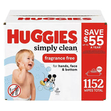 Baby wipes carton, red and white Huggies Simply Clean fragrance-free packaging
