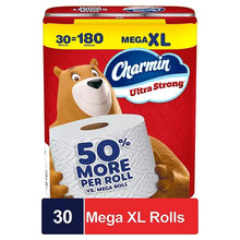 Charmin Ultra Strong Mega XL toilet paper pack with '30 Mega XL Rolls' banner