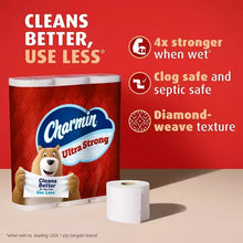 Charmin Ultra Strong toilet paper with 4x stronger when wet and diamond-weave texture