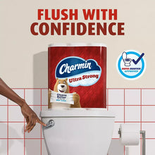 Charmin Ultra Strong toilet paper roll with 'cleans better use less' label