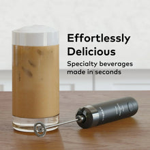 Black handheld milk frother whisk resting in a cup of frothed coffee