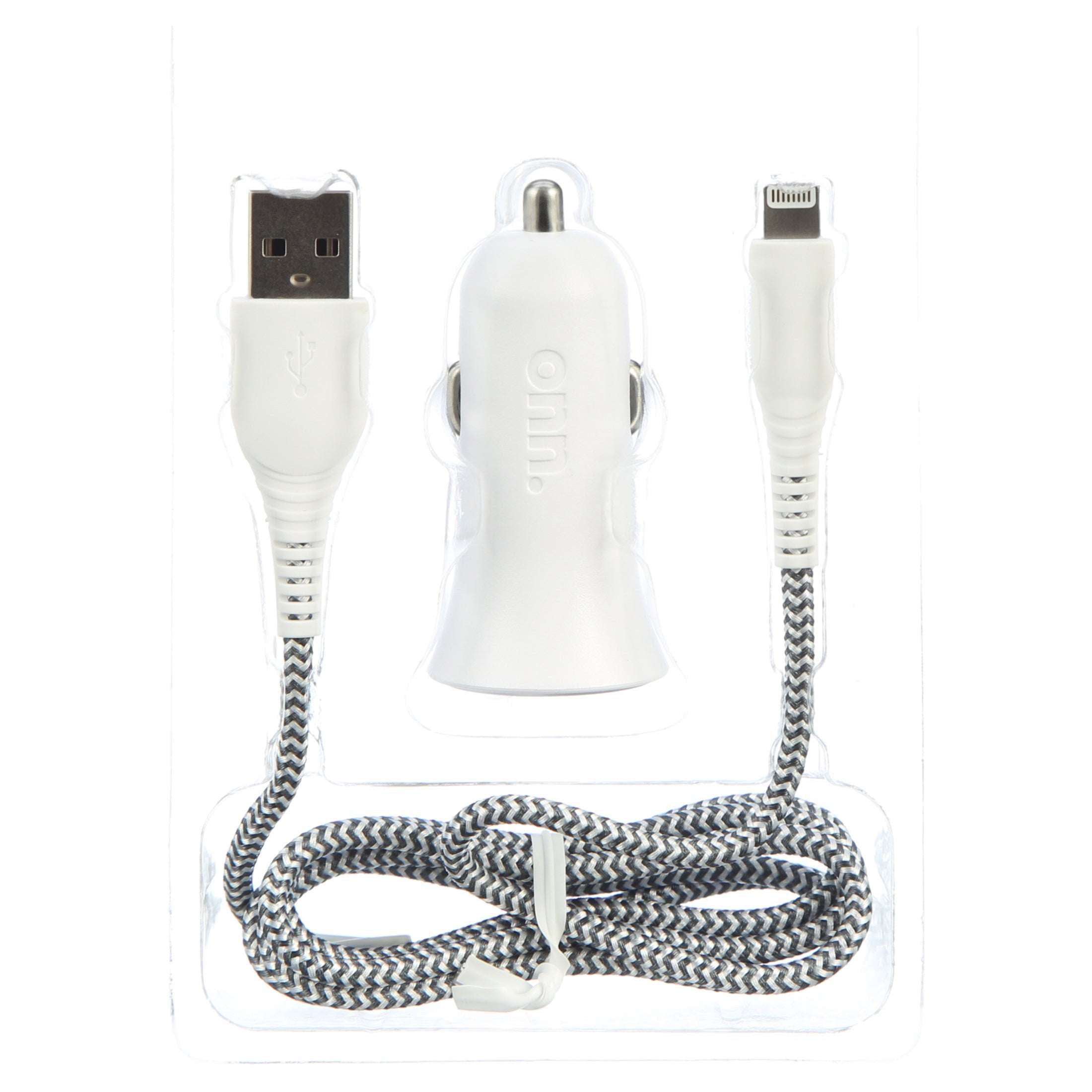 onn. Dual-Port Car Charging Kit with Lightning to USB Cable, White