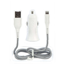 White dual-port car charging kit bundle with cables and USB-A Lightning leads.
