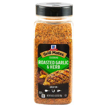 Roasted garlic and herb seasoning bottle with coarse brown granules