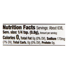 Nutrition facts label: 0 calories, 0g fat, 170mg sodium, 0g carbs