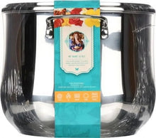 Stainless steel stock pot in retail packaging with a product label