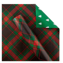 Reversible Christmas gift wrap sheet, red and green plaid with dark tree pattern