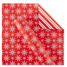 Reversible Christmas gift wrap sheet, red with white snowflakes and diagonal stripes