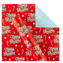 Reversible Christmas gift wrap: red Merry Christmas pattern, blue snowflake side