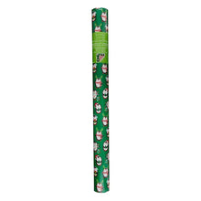Roll of Christmas gift wrap in green with repeating penguin characters