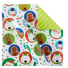 Christmas gift wrap with colorful icons on white, showing snowmen, gingerbread, and reindeer