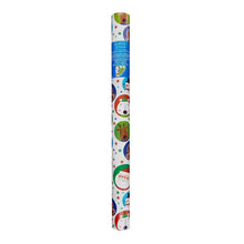 Rolled Christmas gift wrap with colorful icons on white, featuring faces and ornaments