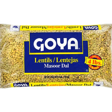 Goya masoor dal lentils, 4 lb bag with visible yellow dried lentils.