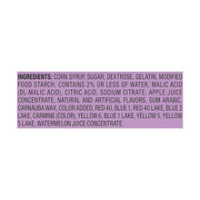 Ingredients list label on purple Nerds gummy clusters candy bag