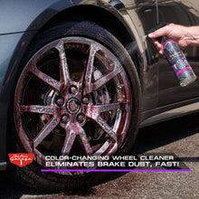 Car wash kit wheel cleaner spray bottle by an alloy wheel with brake dust
