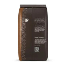 Dark roast ground coffee bag back panel with Peet's Coffee details and QR code
